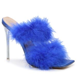 Azalea Wang Blue Feather Faux Fur Clear Heel Sandals Size 8.5